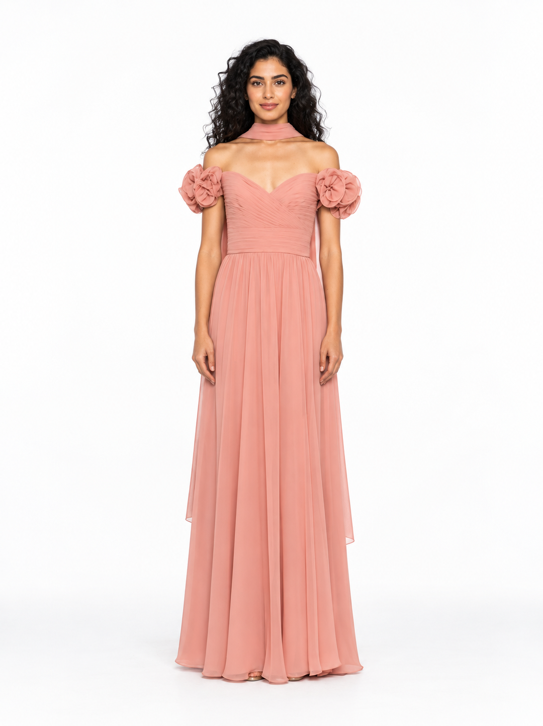 Floral Shoulder Chiffon Evening Gown - Roselune