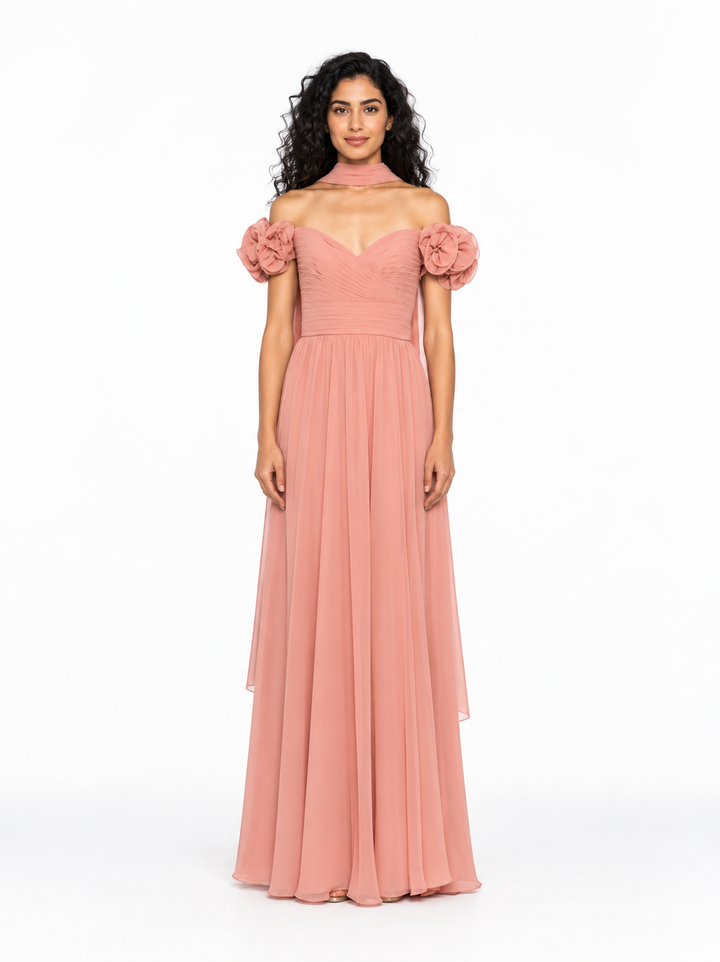 Floral Shoulder Chiffon Evening Gown - Roselune