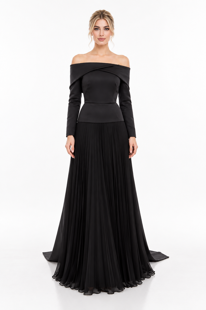 Off-Shoulder Pleated Evening Gown - Noiravelle