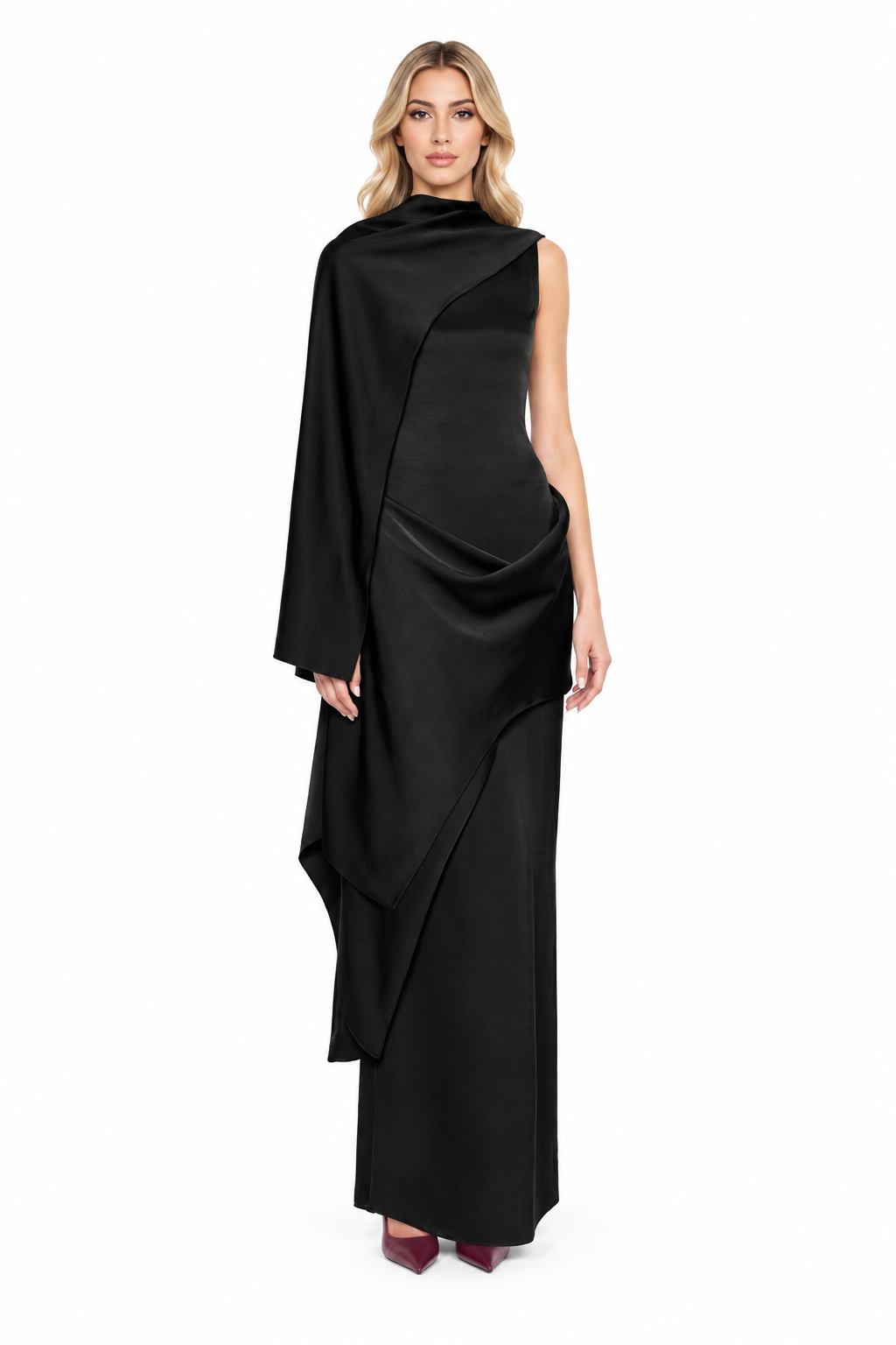 Asymmetric Draped One-Sleeve Evening Gown - Obsidienne