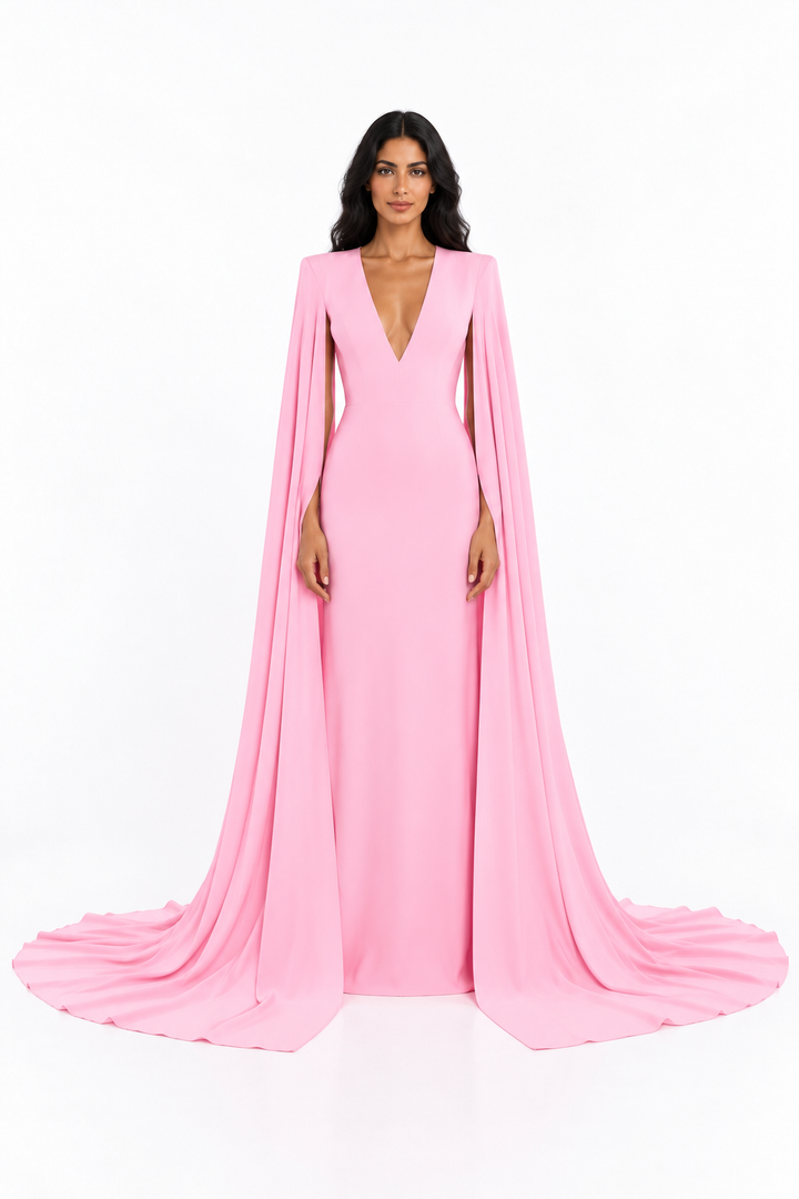 Blush Pink Deep V Cape Maxi Dress - Alessia