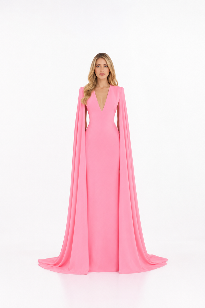 Pink Deep V-Neck Cape Evening Gown – ROSELINE