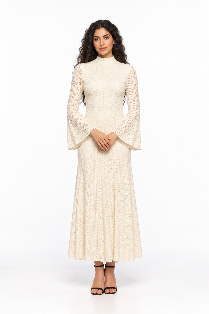 High-Neck Lace Bell Sleeve Midi Dress - Ivorelle