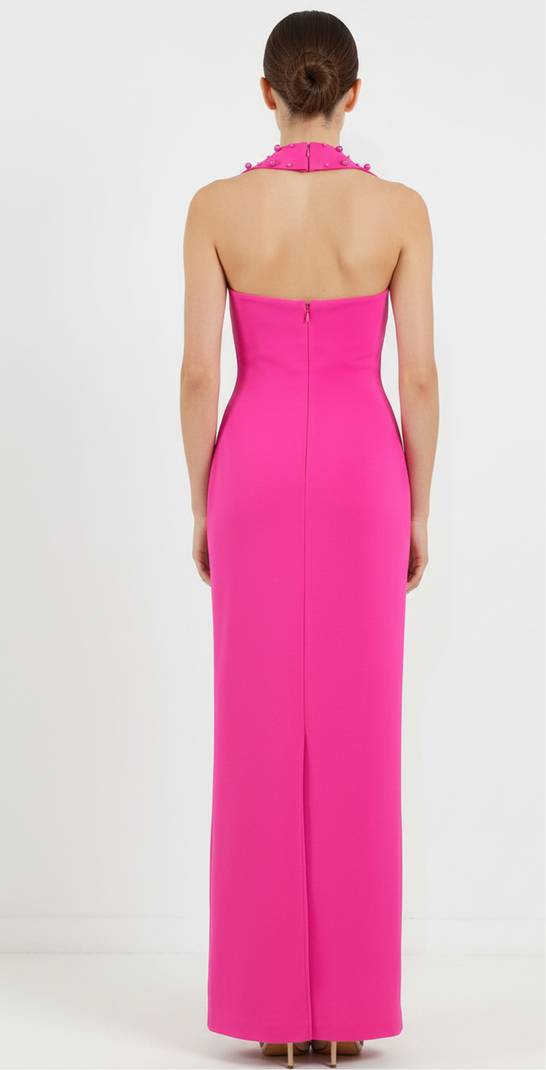 halter column dress with crystal stud detailing – FUCHSIA