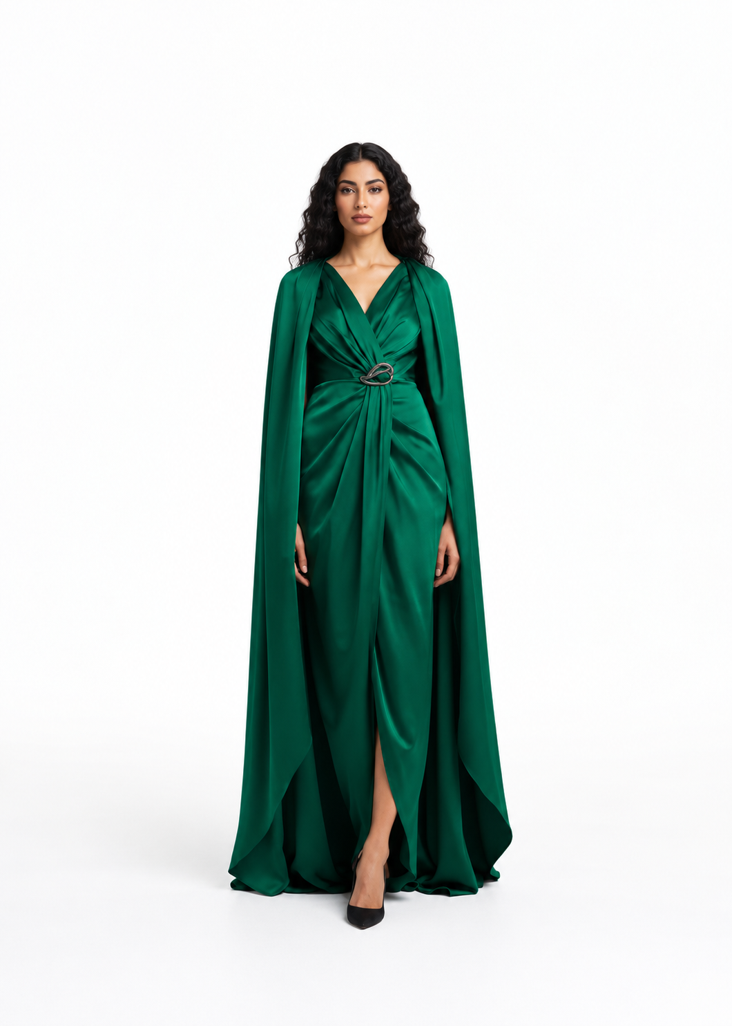Draped V-Neck Cape Evening Gown - Emerisse
