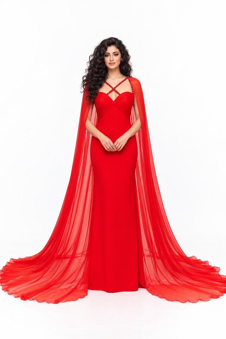 Crystal Strap Cape Evening Gown - Flare
