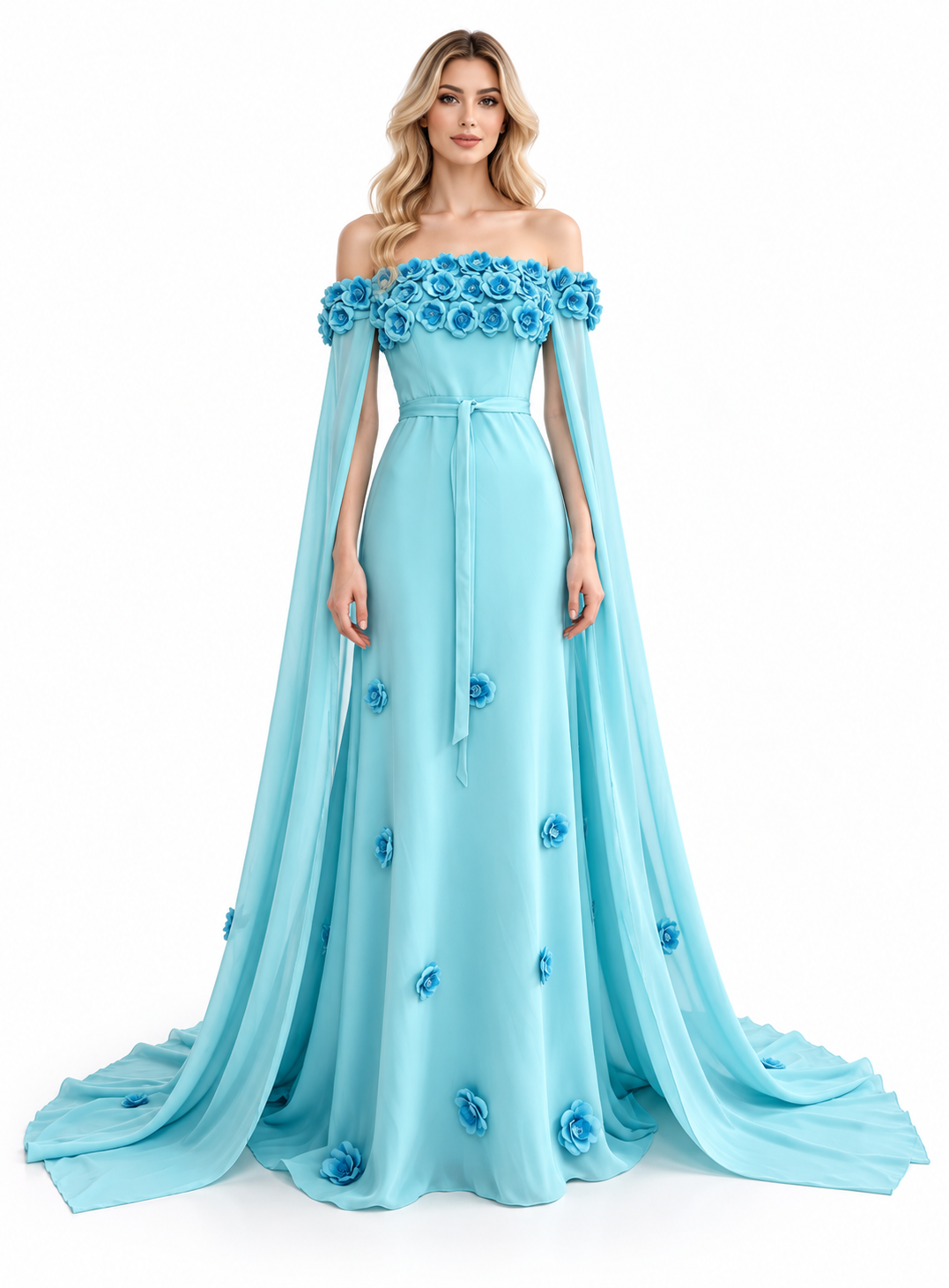 Floral Off-Shoulder Cape Evening Gown - Bellanova