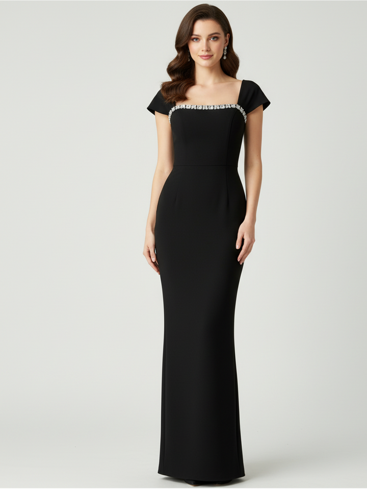 off-shoulder column dress with crystal neckline – AZURE