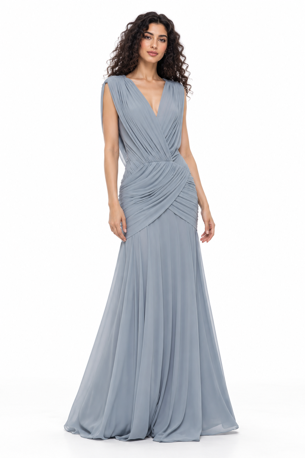 Ruched V-Neck Draped Evening Gown - Avelisse