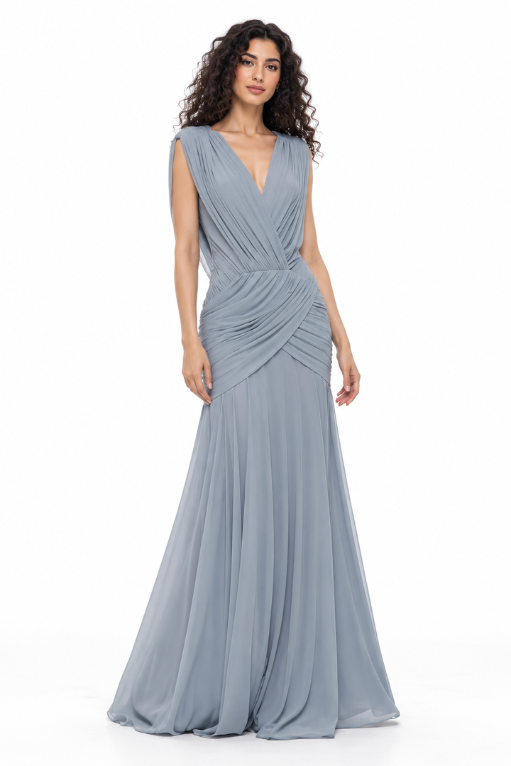 Ruched V-Neck Draped Evening Gown - Avelisse