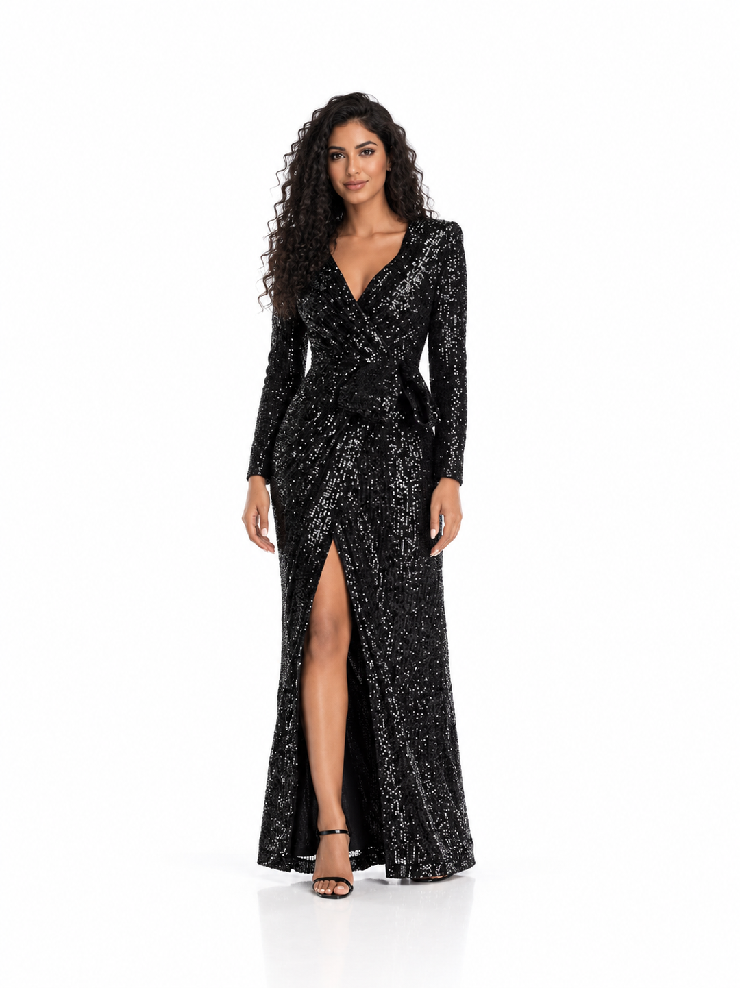 Sequin Wrap Front Slit Evening Gown - Obsidian