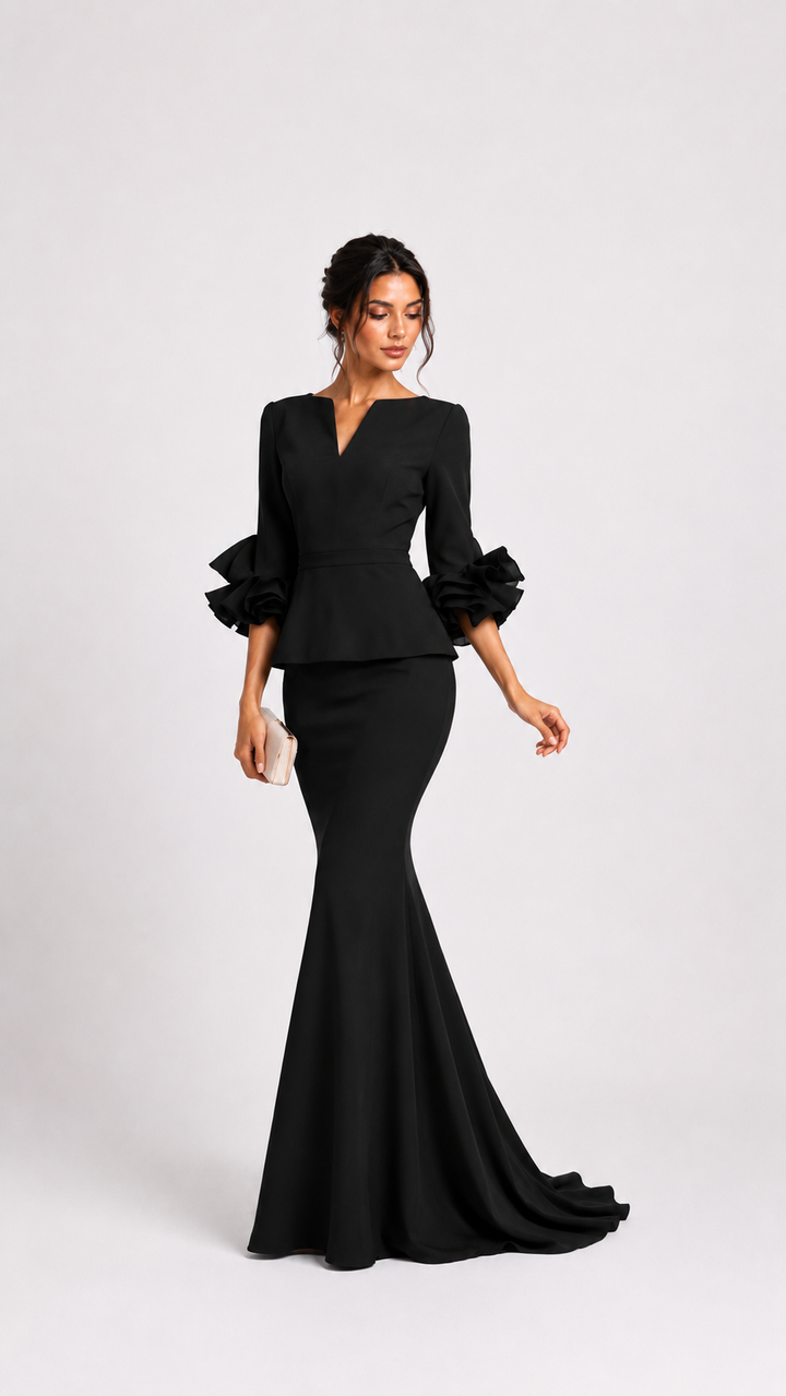 Black Ruffle Sleeve Peplum Mermaid Dress – VELMORA