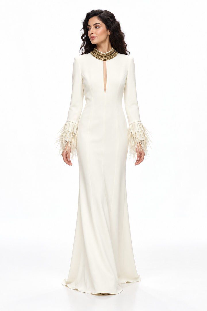 Embellished High-Neck Feather Cuff Evening Gown - Aureline