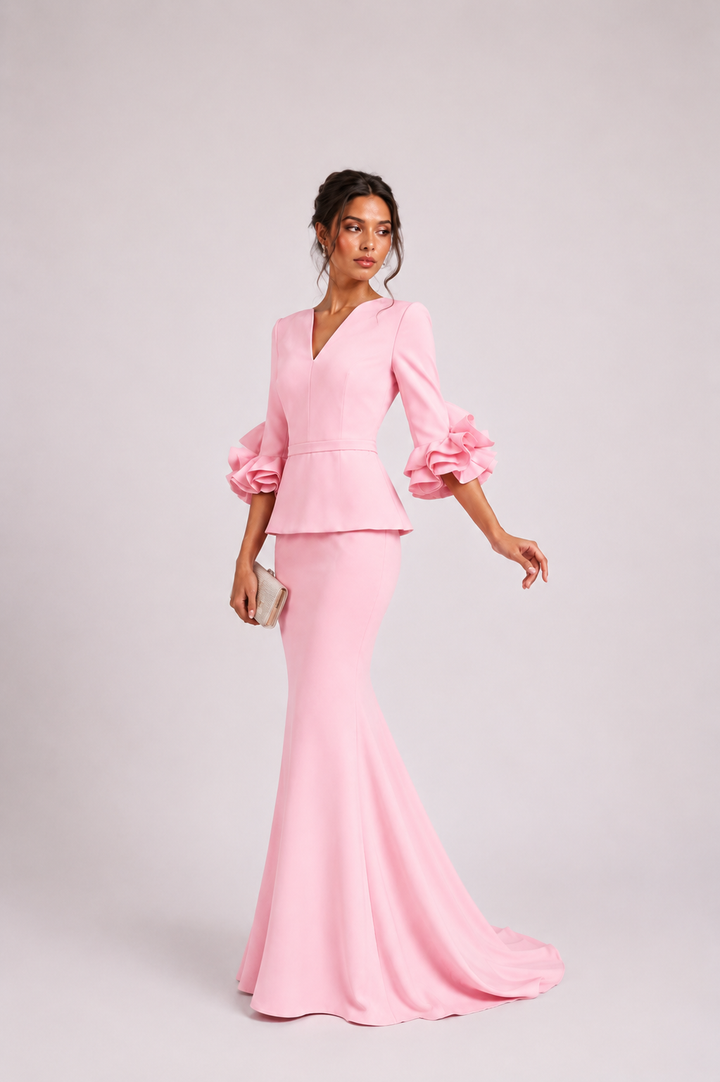 Pink Ruffle Sleeve Peplum Mermaid Dress – ROSABELLE