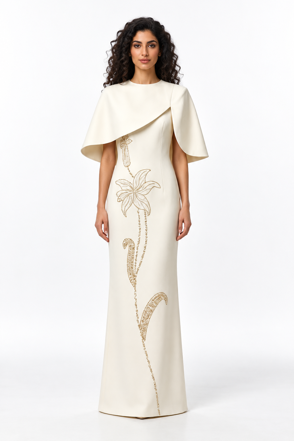 Embroidered Cape Column Evening Gown - Florenza
