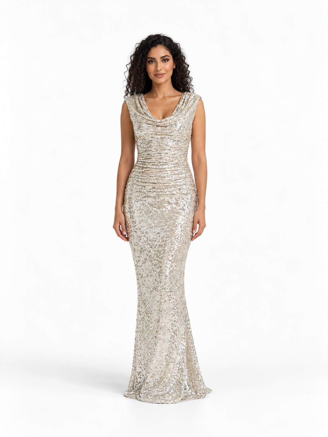 Sequin Cowl Neck Evening Gown - Argentelle