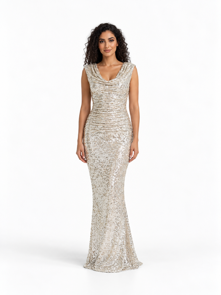 Sequin Cowl Neck Evening Gown - Argentelle
