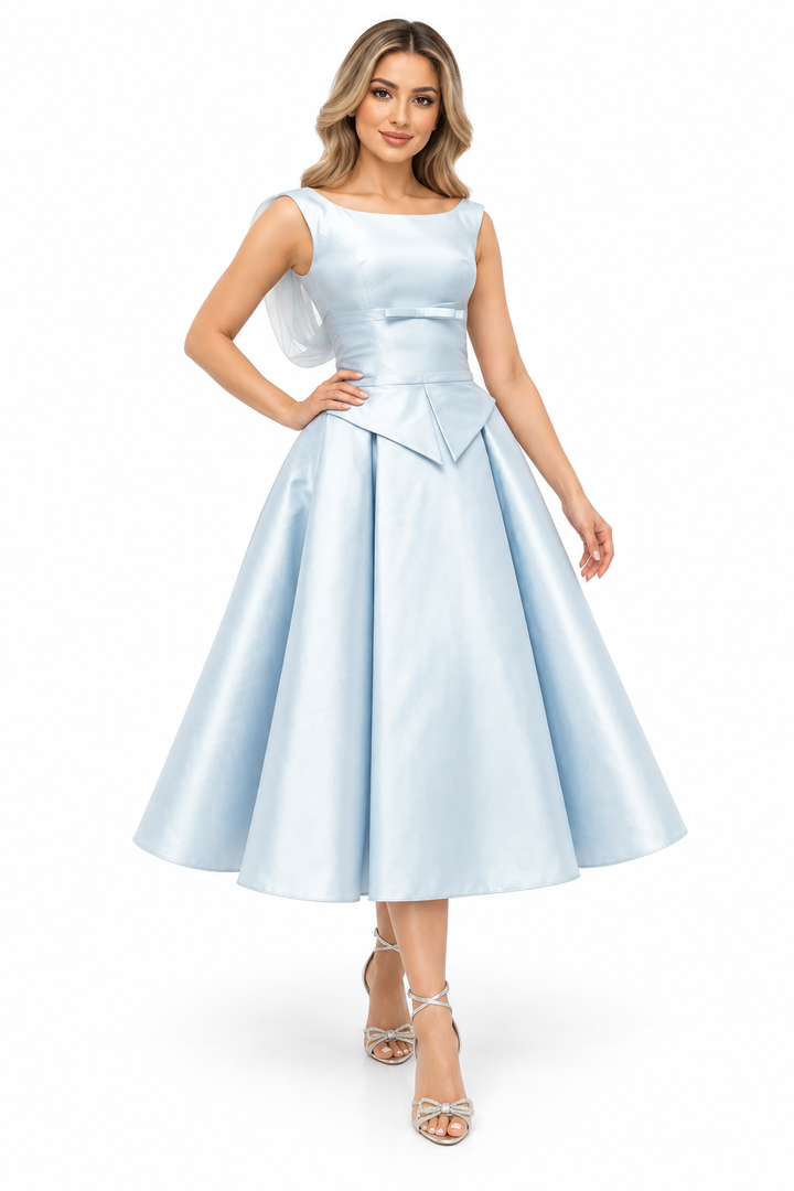 Satin Bow Waist Midi - Celeste