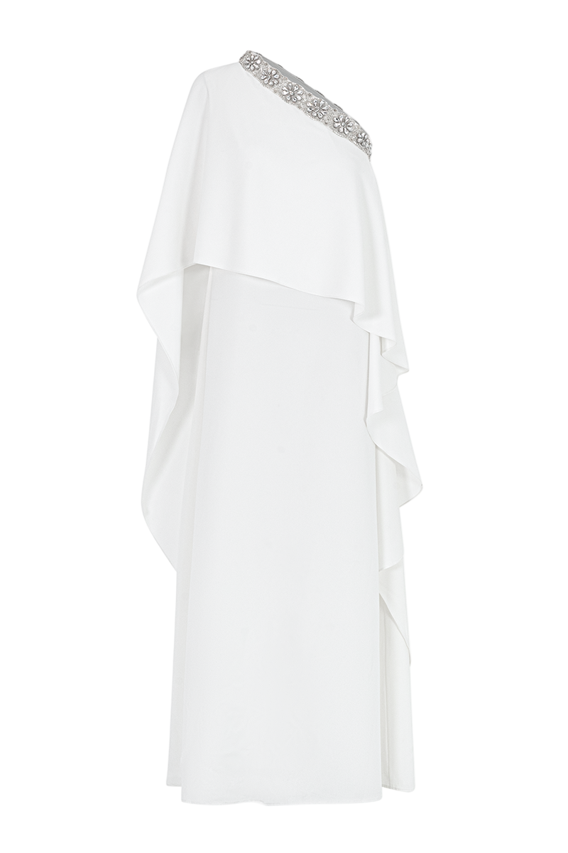one-shoulder cape gown with jeweled neckline – IVORYE