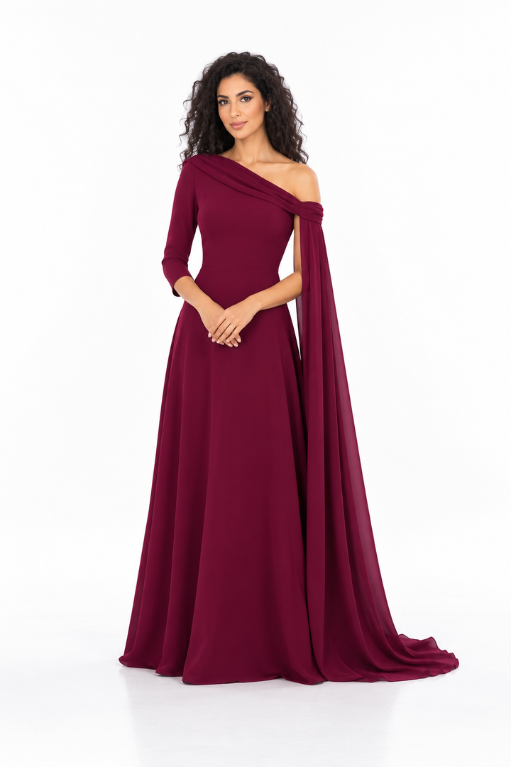 One-Shoulder Cape Evening - Burgundelle