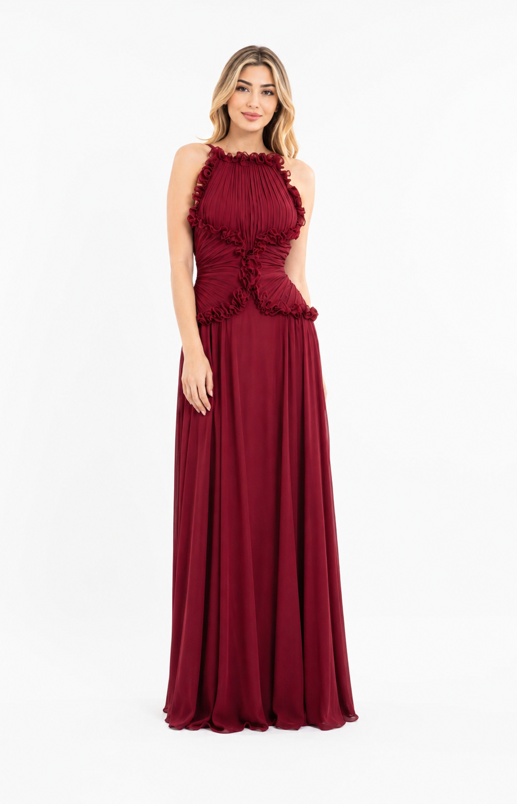 Ruffle Ruched Halter Maxi Dress – RUBESSA