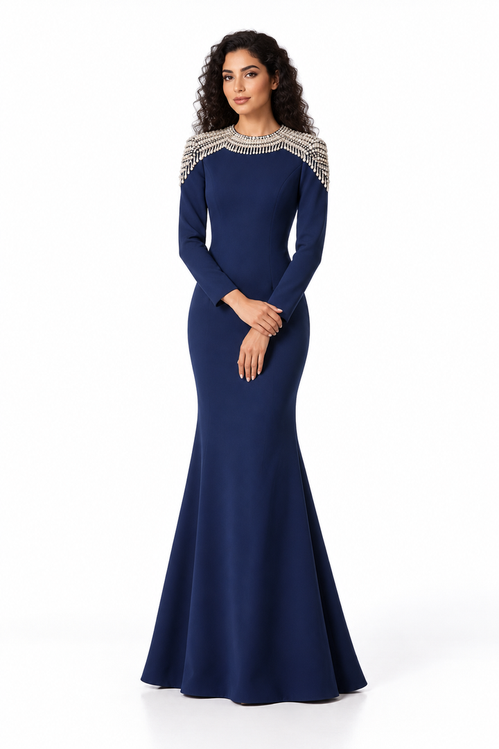 Crystal Fringe Shoulder Long Sleeve Evening Gown - Celestine