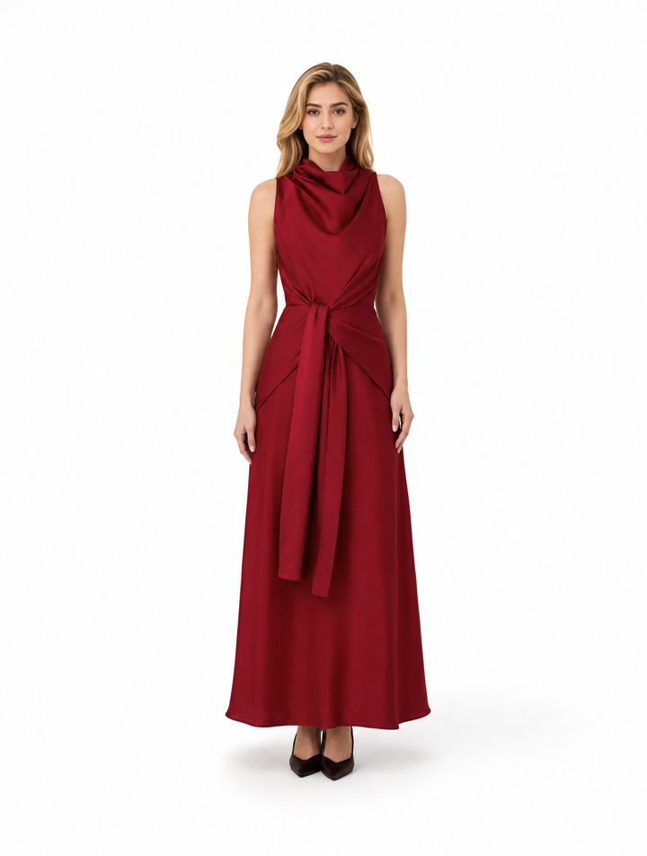 Draped Cowl Neck Tie-Waist Maxi Dress – RUBELLA