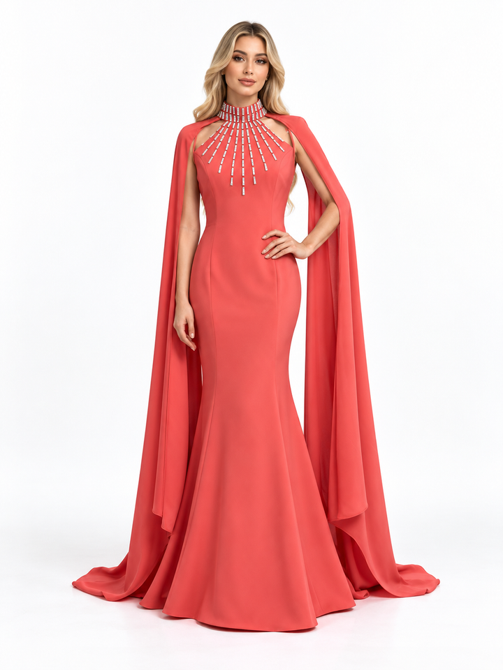 Crystal High-Neck Cape Evening Gown - Solara