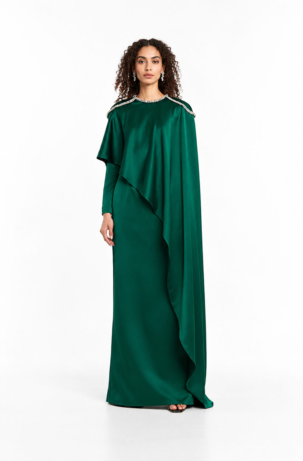 Crystal Trim Draped Cape Evening Gown - Esmerelle