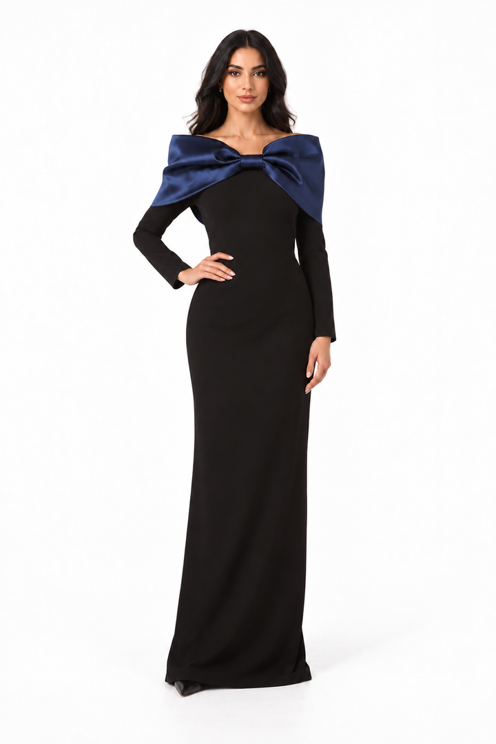 Bow Shoulder Long Sleeve Evening Gown - Noctis