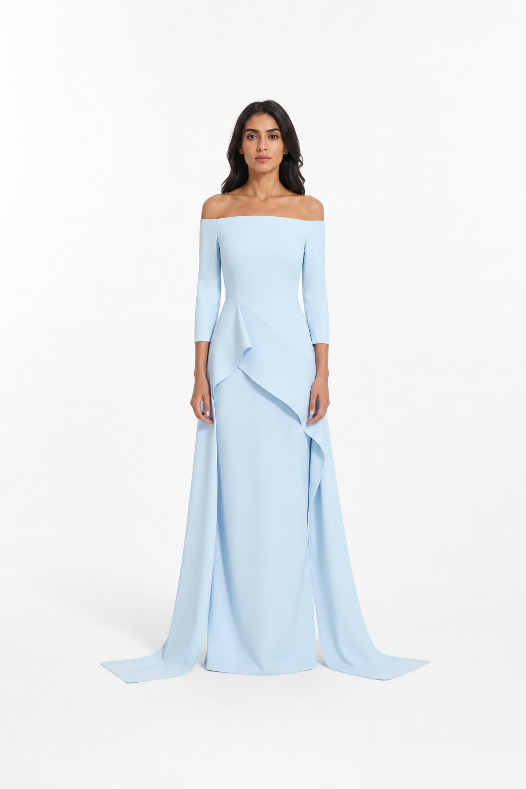 Sky Blue Off-Shoulder Ruffle Evening Gown – SERENITY