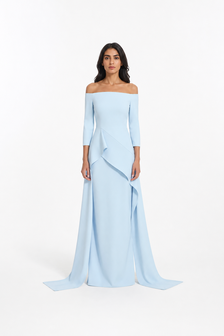 Sky Blue Off-Shoulder Ruffle Evening Gown – SERENITY