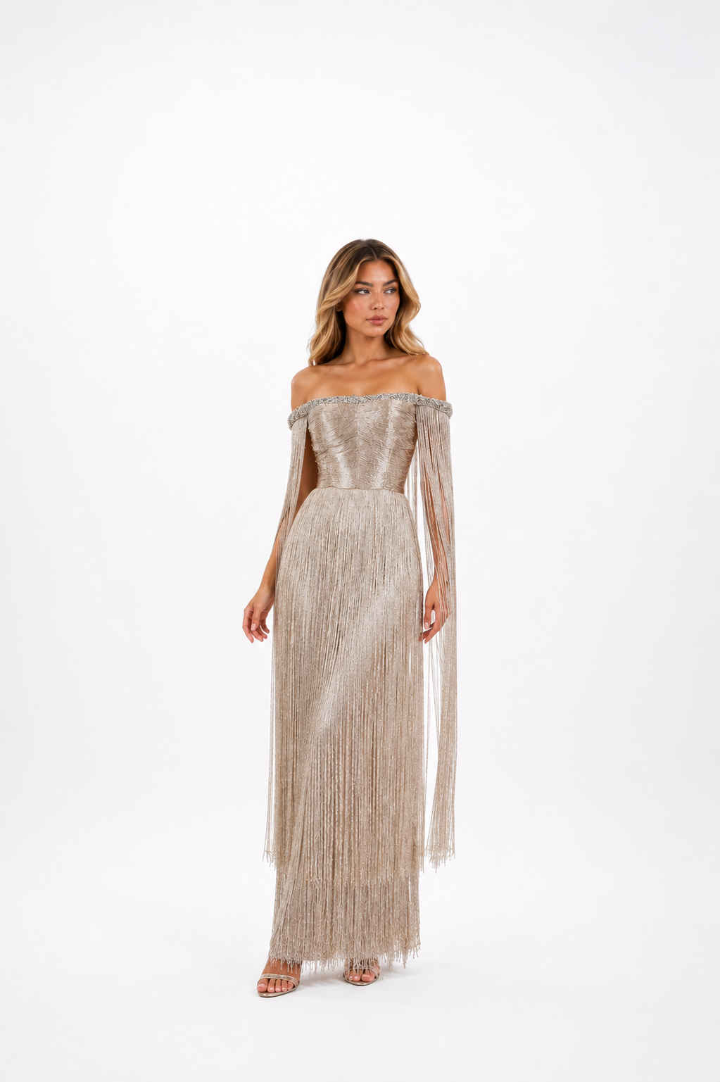 Crystal Fringe Off-Shoulder Gown – CHAMPAGNA
