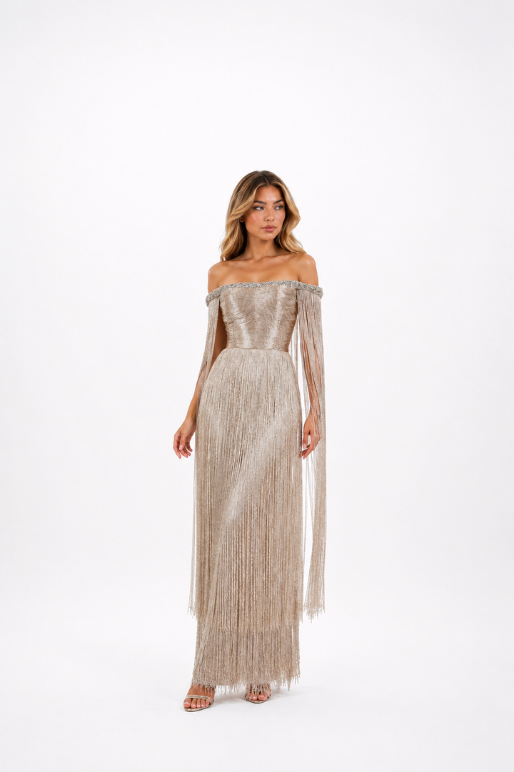 Crystal Fringe Off-Shoulder Gown – CHAMPAGNA