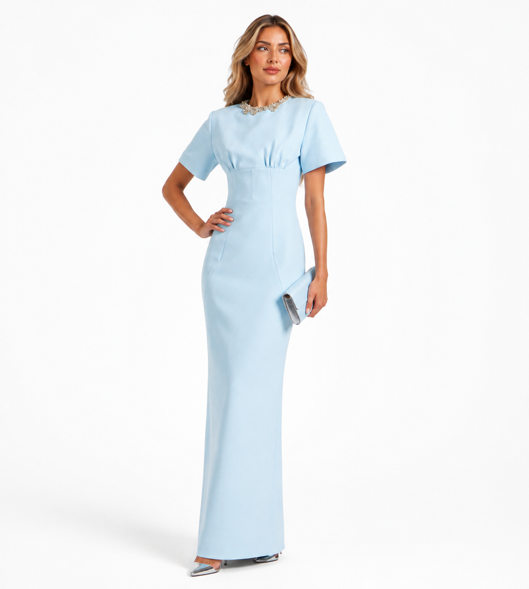 Crystal-Neck Column Gown - Celeste