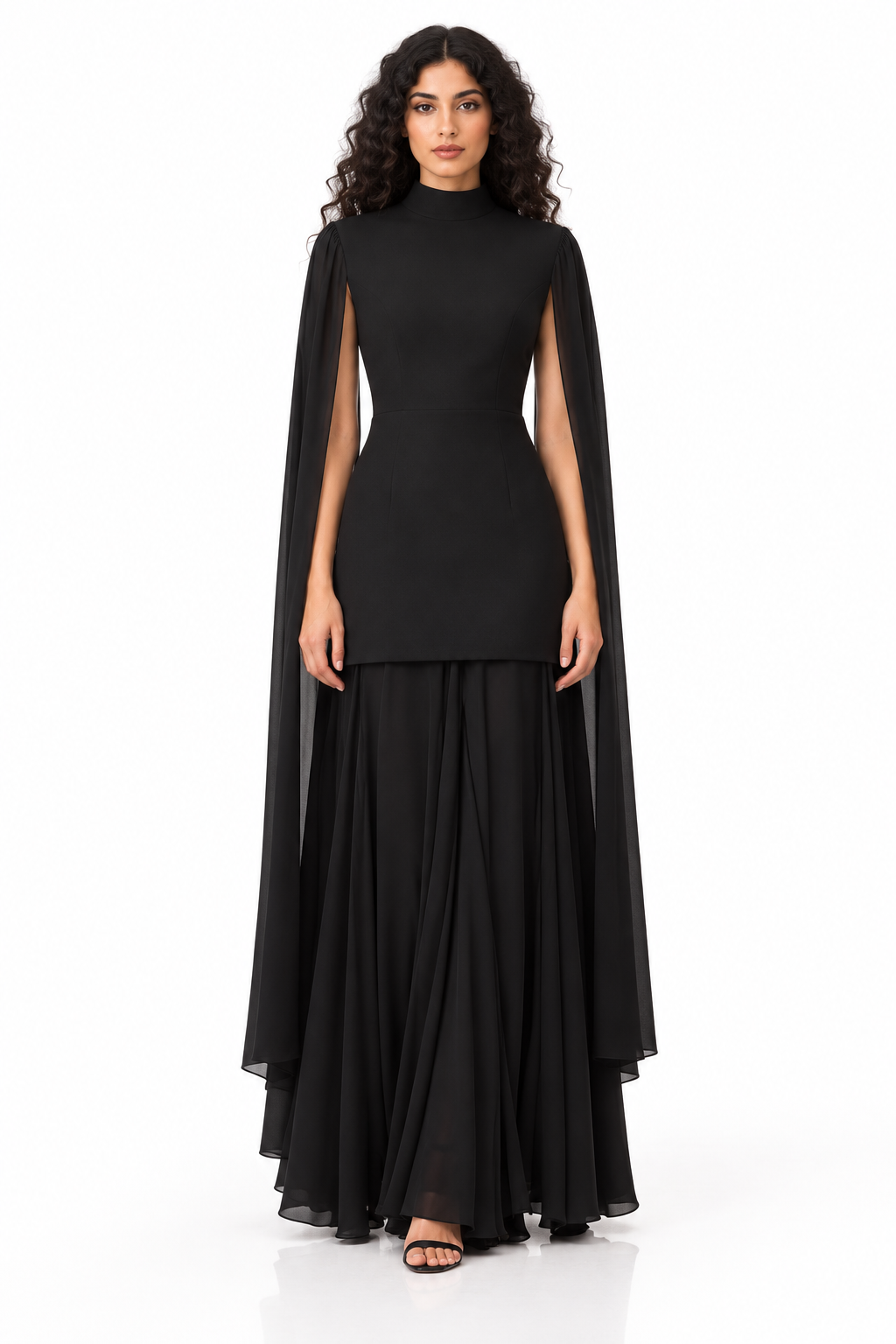 High-Neck Cape Pleated Evening Gown - Noxelle