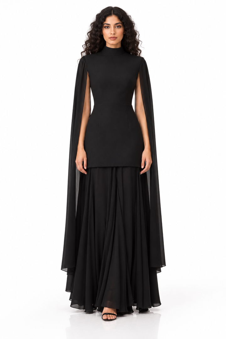 High-Neck Cape Pleated Evening Gown - Noxelle