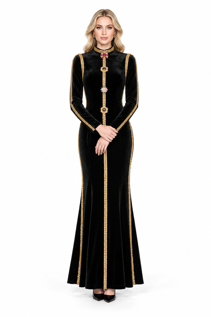 Gold Trim Velvet Long Sleeve Evening Gown - Regalia