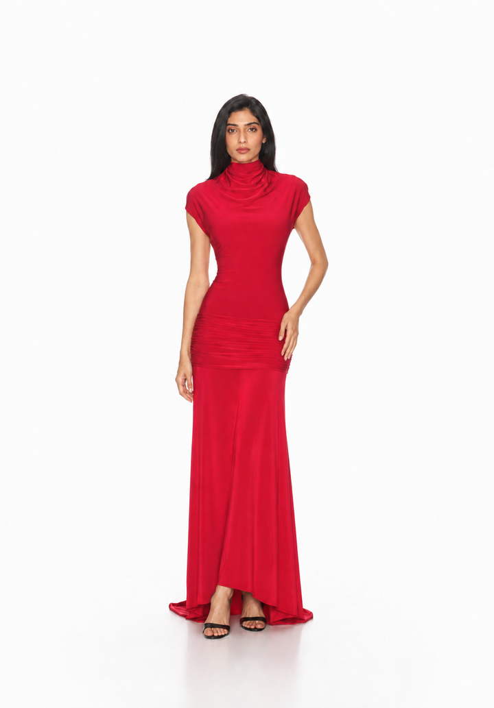 Ruched High Neck Maxi Dress – RUBELLA