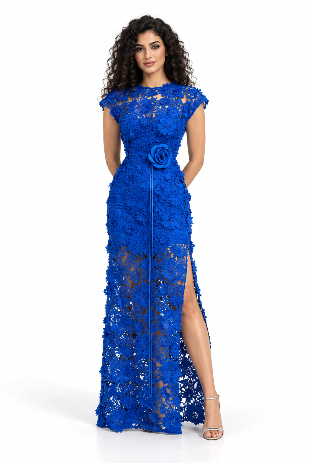Floral Lace Slit Evening Gown - Cobalisse