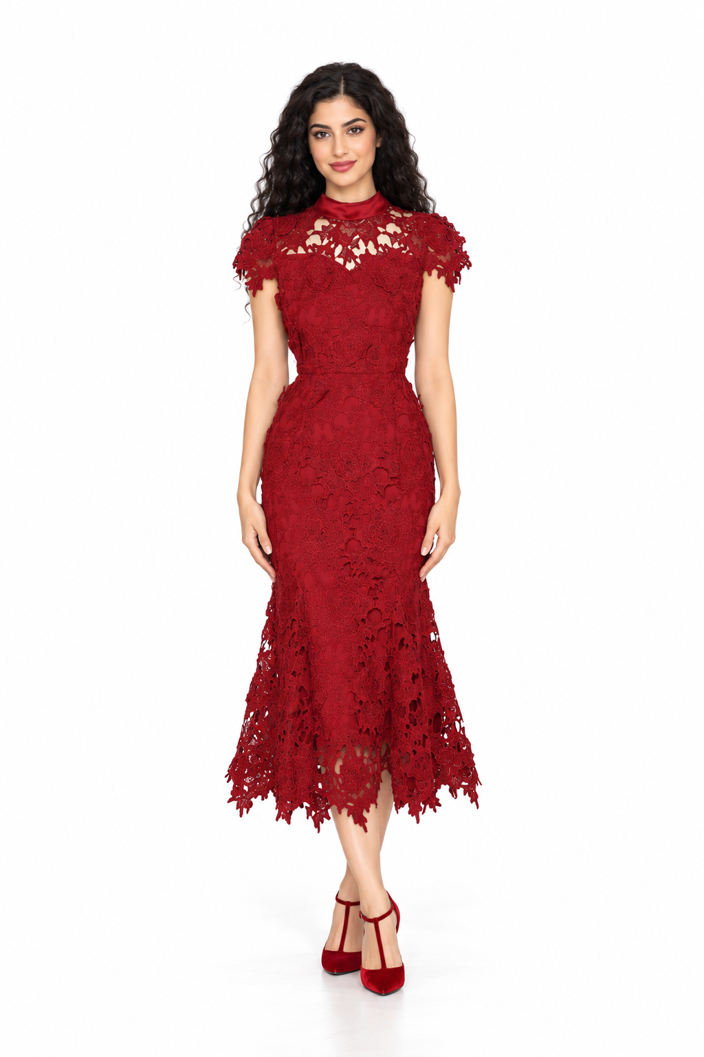 High-Neck Lace Midi Dress - Crimsonelle