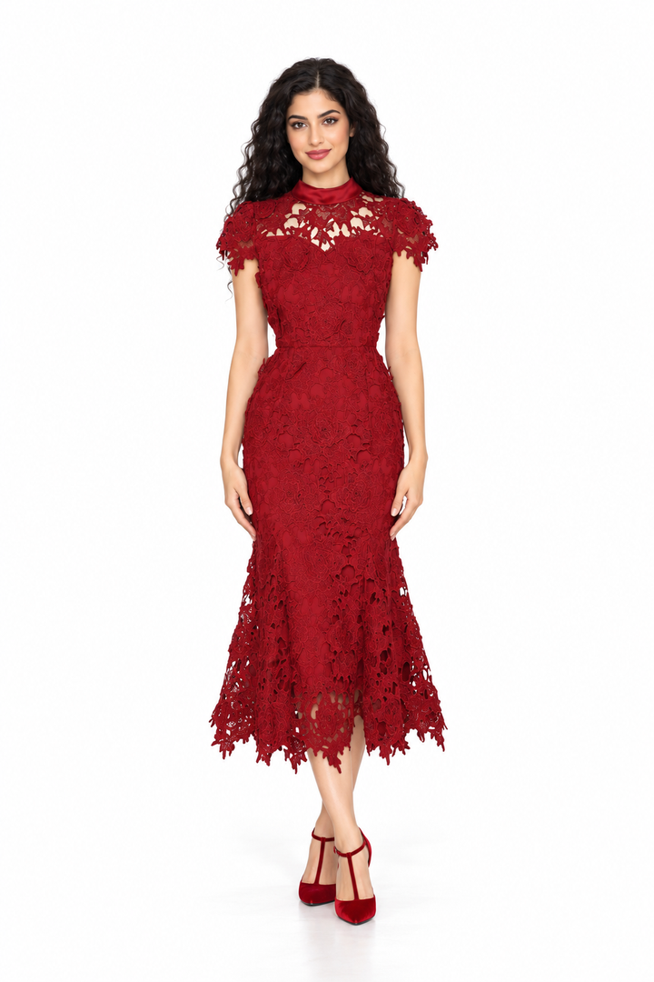High-Neck Lace Midi Dress - Crimsonelle