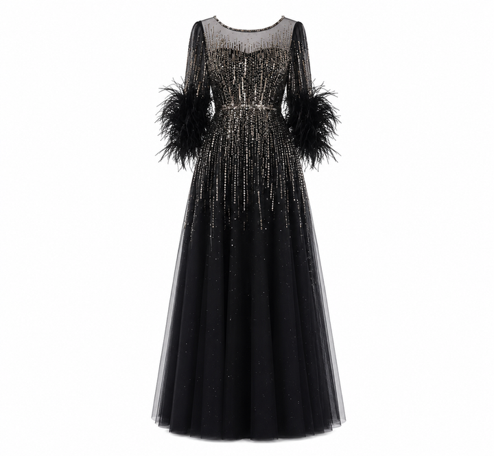 Feather Cuff Sequin Tulle Gown – FUCHSIA