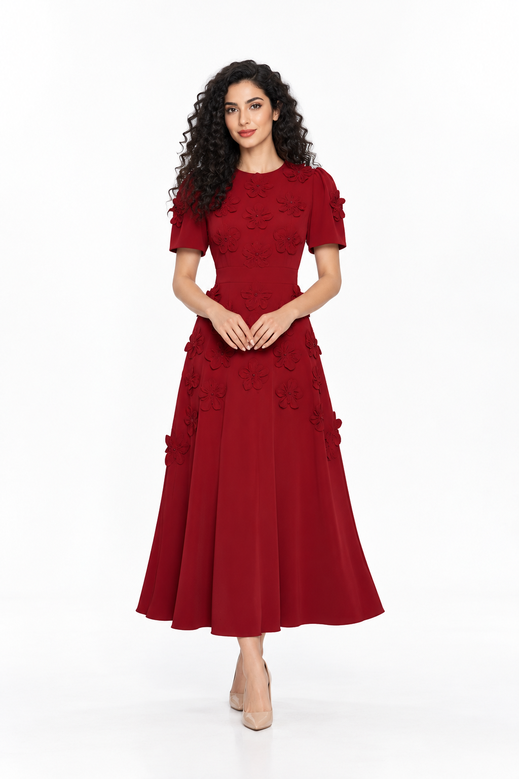 Floral Appliqué Short Sleeve Midi Dress - Carmesia