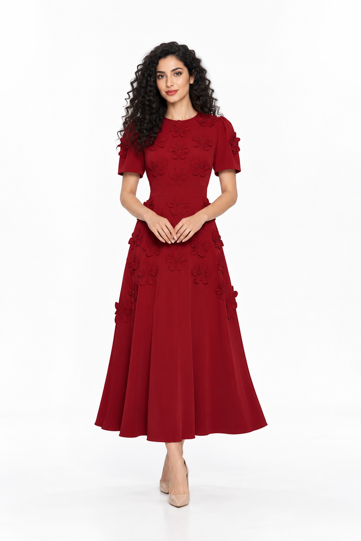 Floral Appliqué Short Sleeve Midi Dress - Carmesia