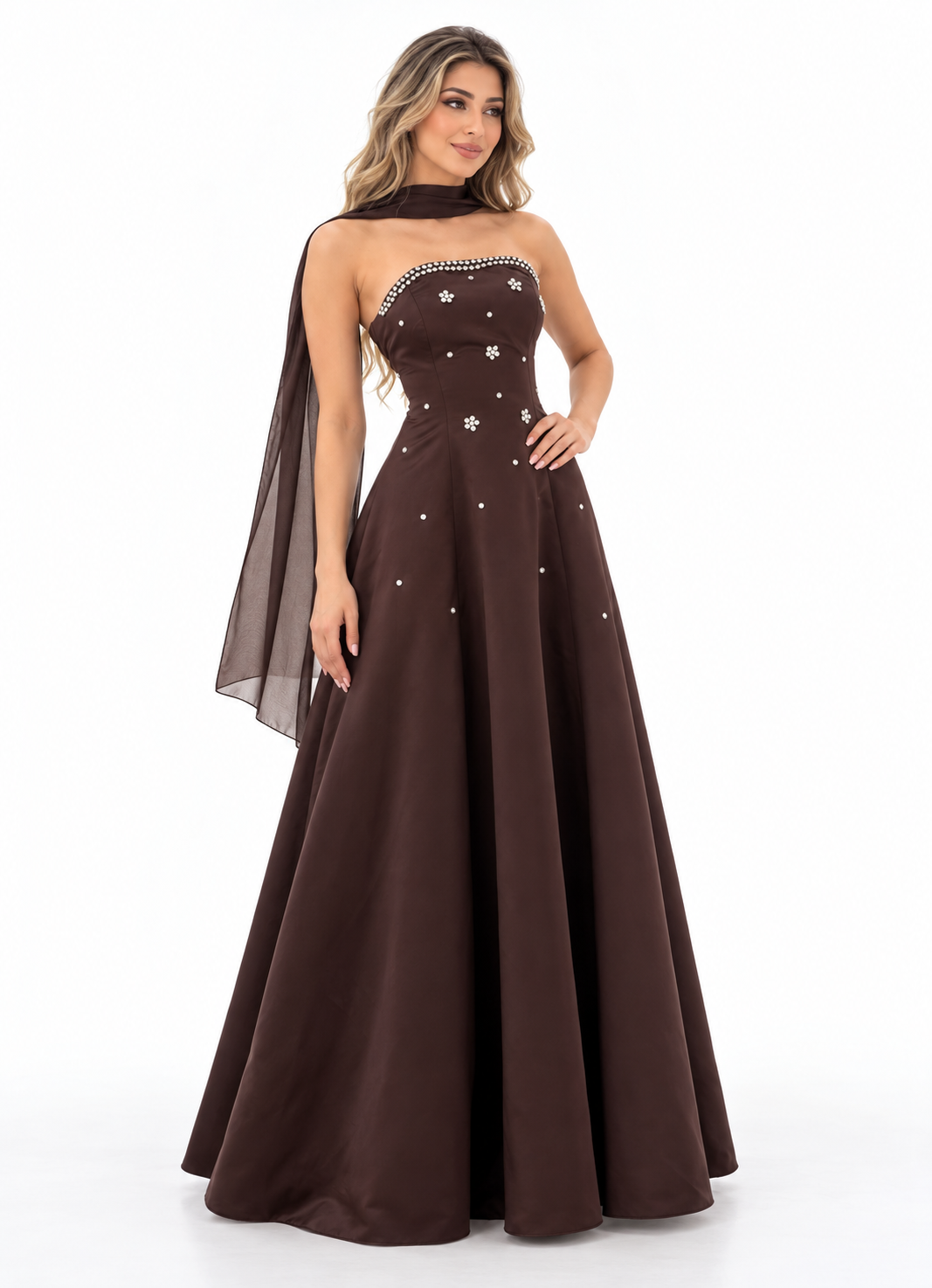 Crystal Strapless Scarf Gown - Cocoa