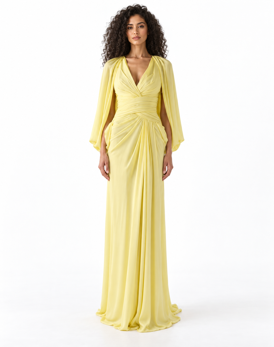 Ruched V-Neck Cape Evening Gown - Solaria