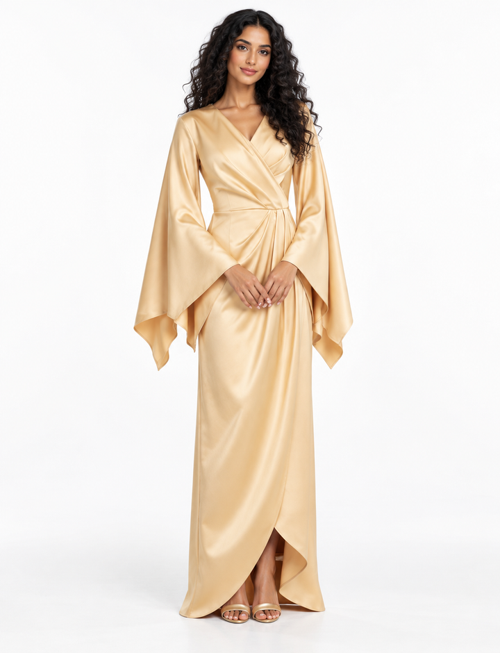 Wrap-Front Draped Sleeve Evening Gown - Sorelle