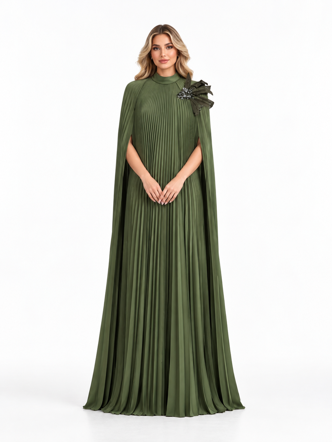 Olive Green Pleated Cape Maxi Dress - Aviana
