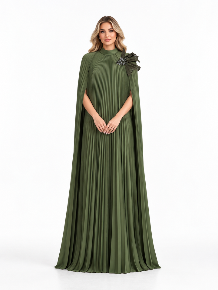 Olive Green Pleated Cape Maxi Dress - Aviana